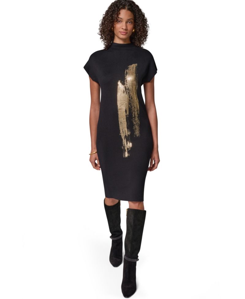 Petite Cap Sleeve Metallic-Print Graphic Midi Sweater Dress