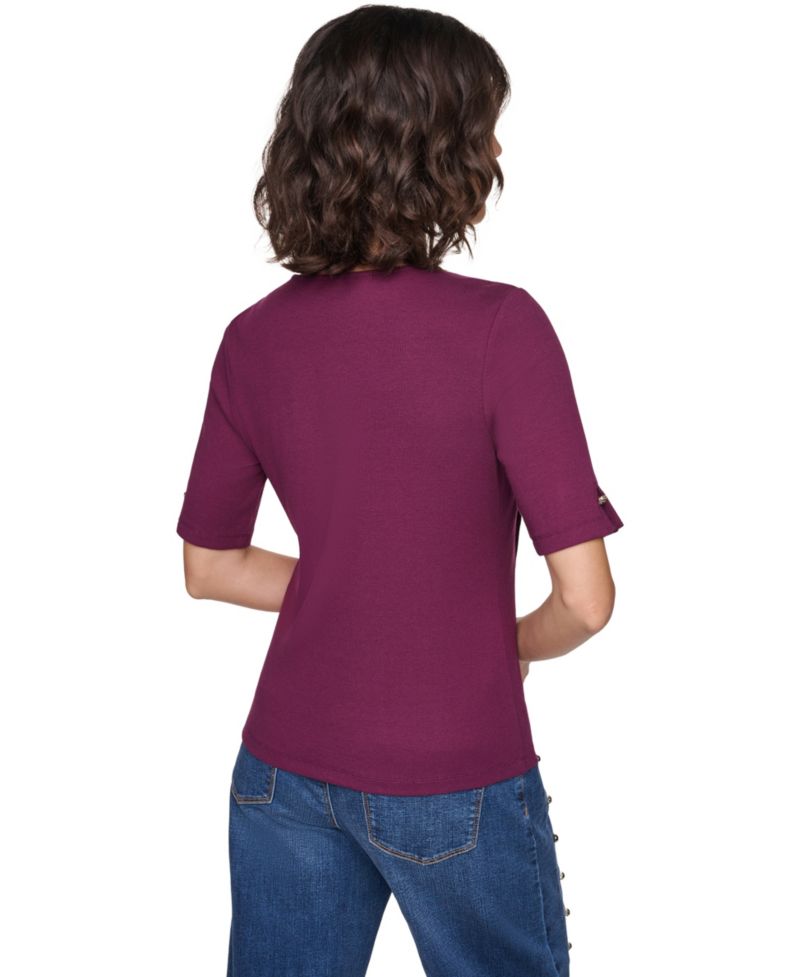 Petite Short-Sleeve Crewneck Ribbed-Knit Cotton-Blend Sweater