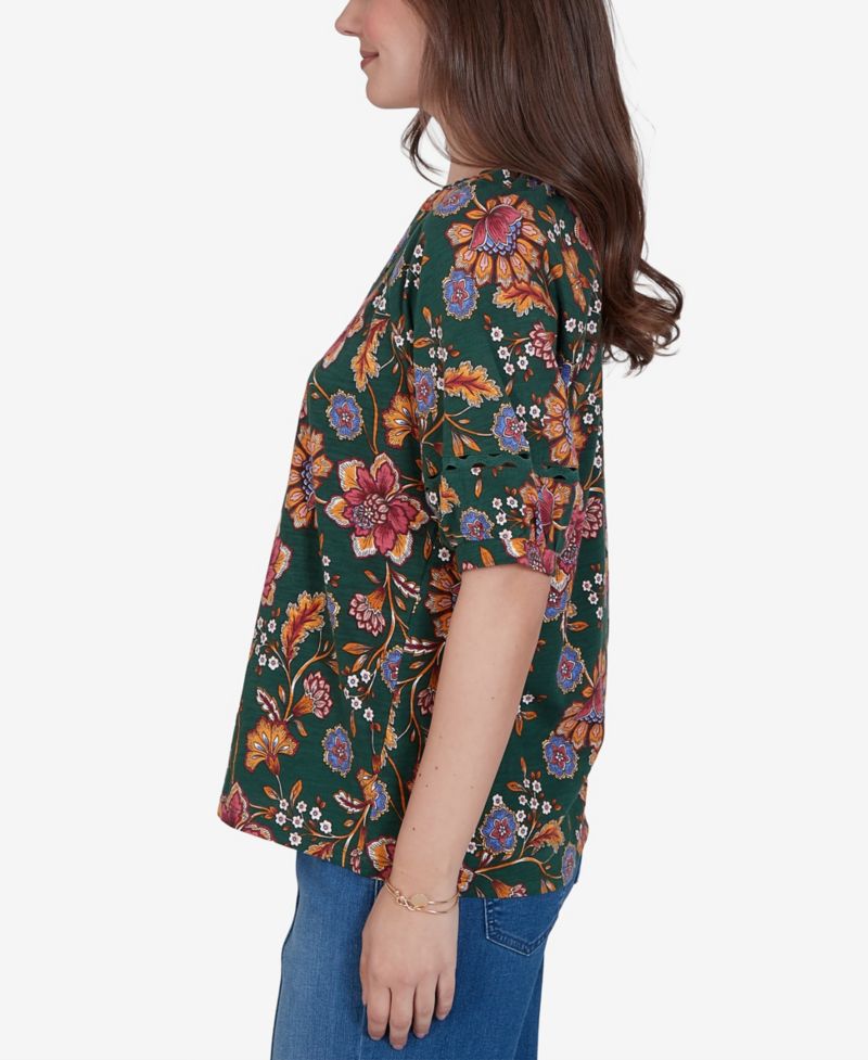 Petite Floral Vines Printed Cotton Knit Top