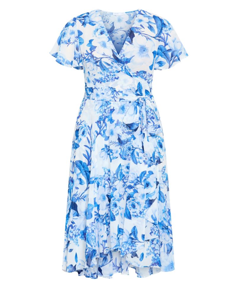 Plus Size Short Sleeve Bluebell Print Wrap Midi Dress
