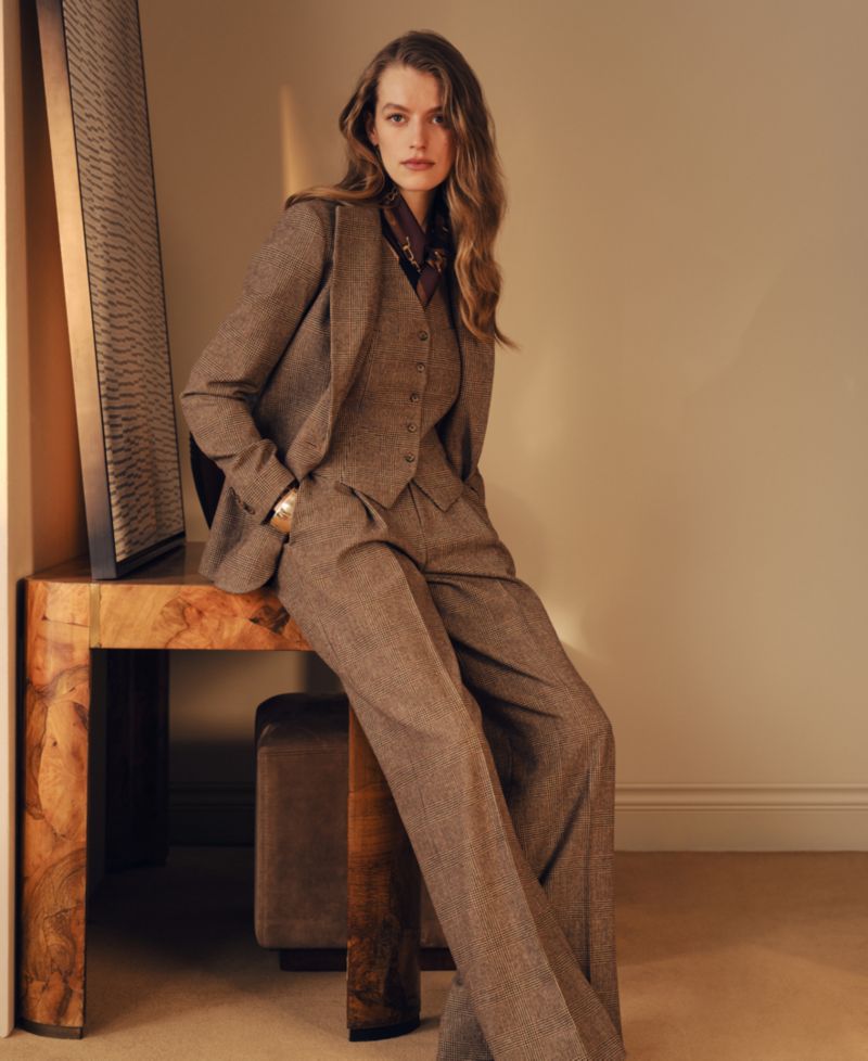 Petite High-Rise Wide-Leg Plaid Wool Pants, 29" Inseam