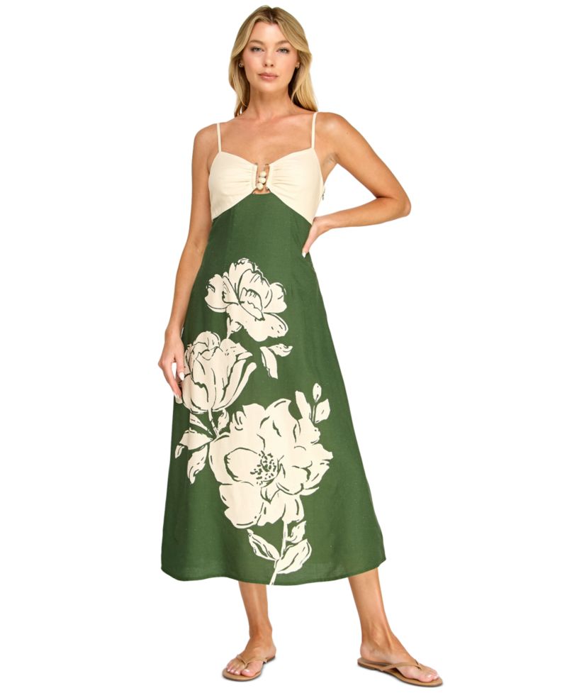 Juniors' Sleeveless Fit & Flare Midi Dress with Floral Placement Print