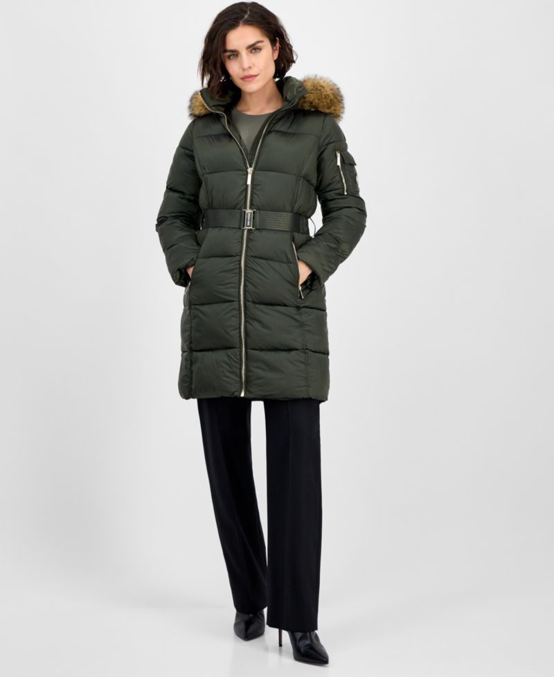 Women's Belted Hooded Faux-Fur-Trim Puffer Coat