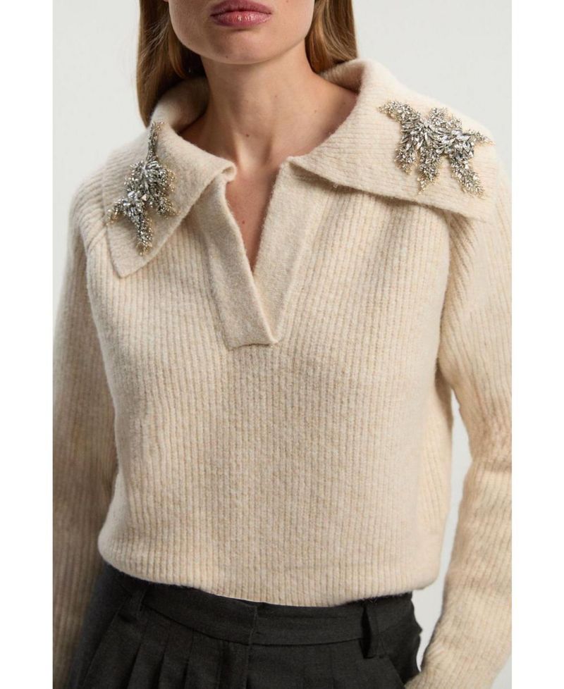 Women's Embellished Collar V Neck Knit Sweater