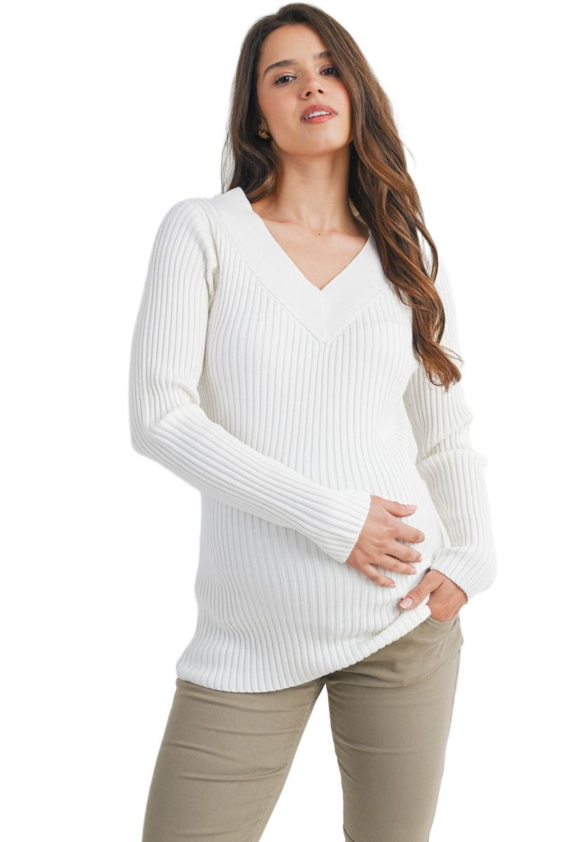 Maternity Ribbed Knit V Neck Long Sleeve Sweater