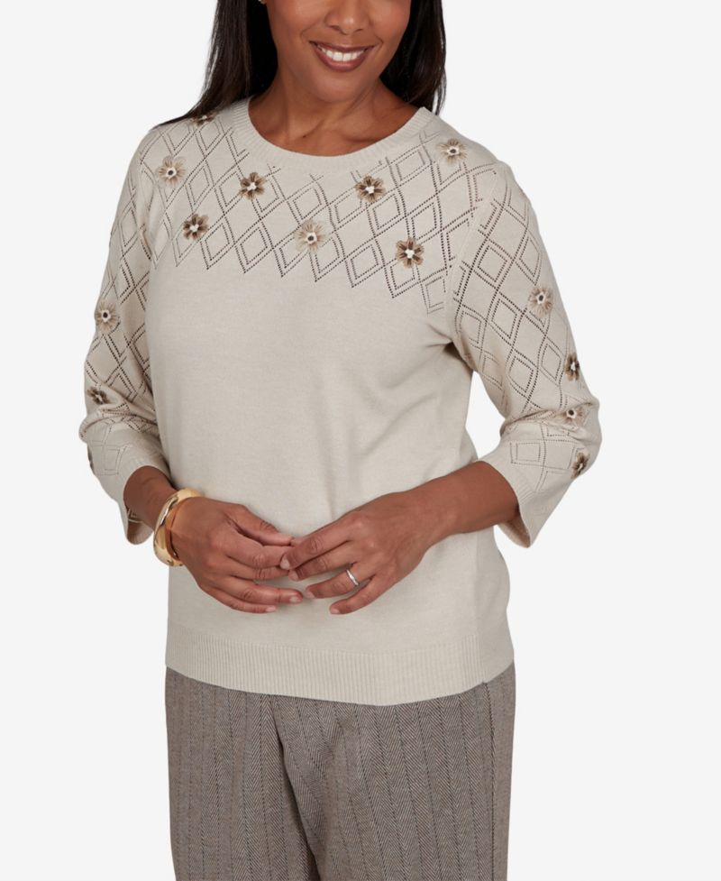 Women's 3/4-Sleeve Pointelle Diamond-Pattern Floral-Embellished Sweater