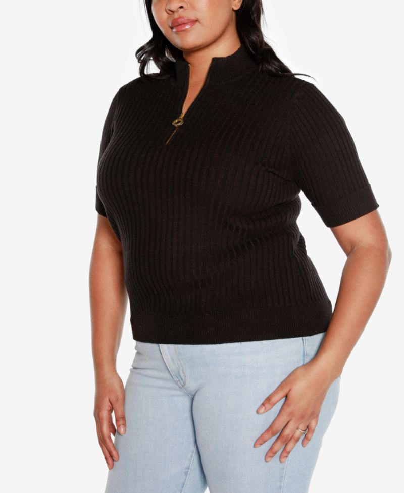 Black Label Plus Size Ribbed Zip Mock Neck Top