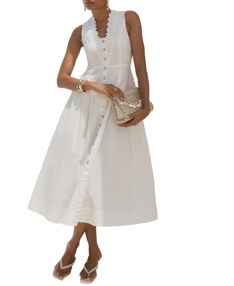 Women's Scalloped Sleeveless Drop-Waist Ramie Maxi Dress