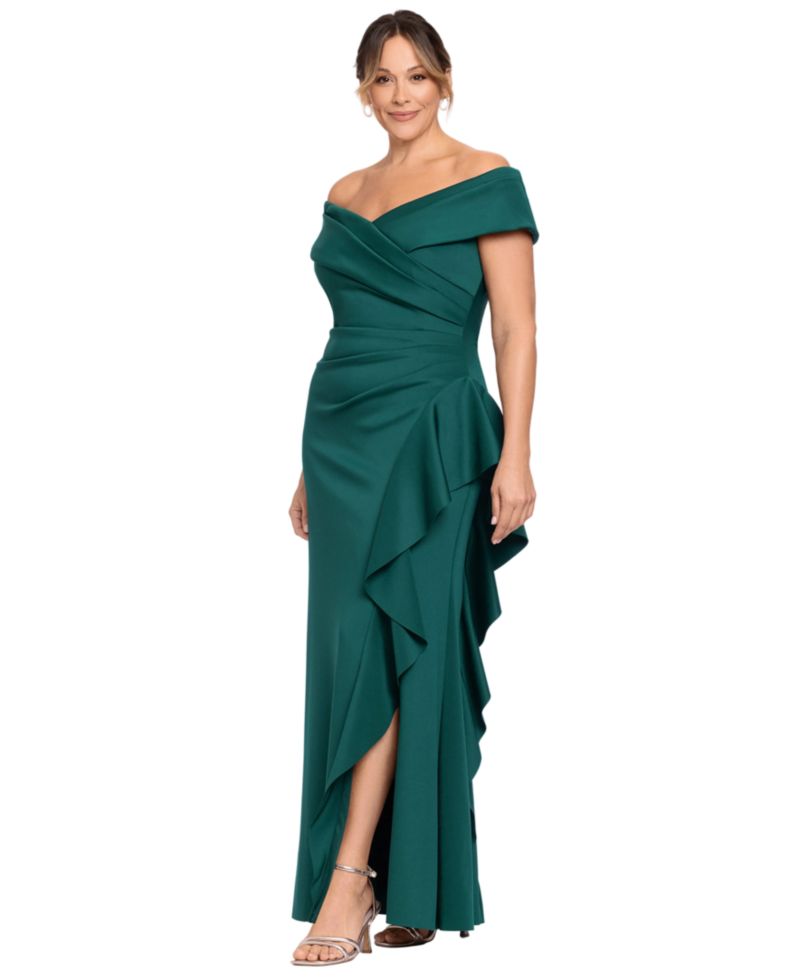 Petite Sweetheart Neck Side Ruffle Off-The-Shoulder Long Dress