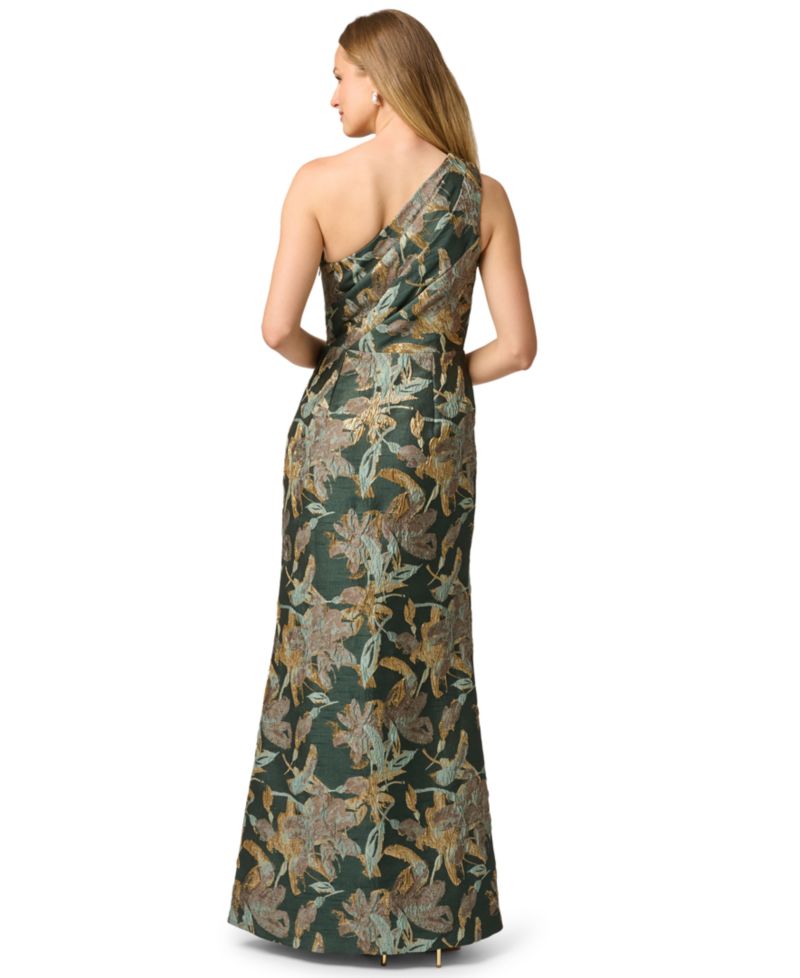 Petite Floral-Jacquard One-Shoulder Gown