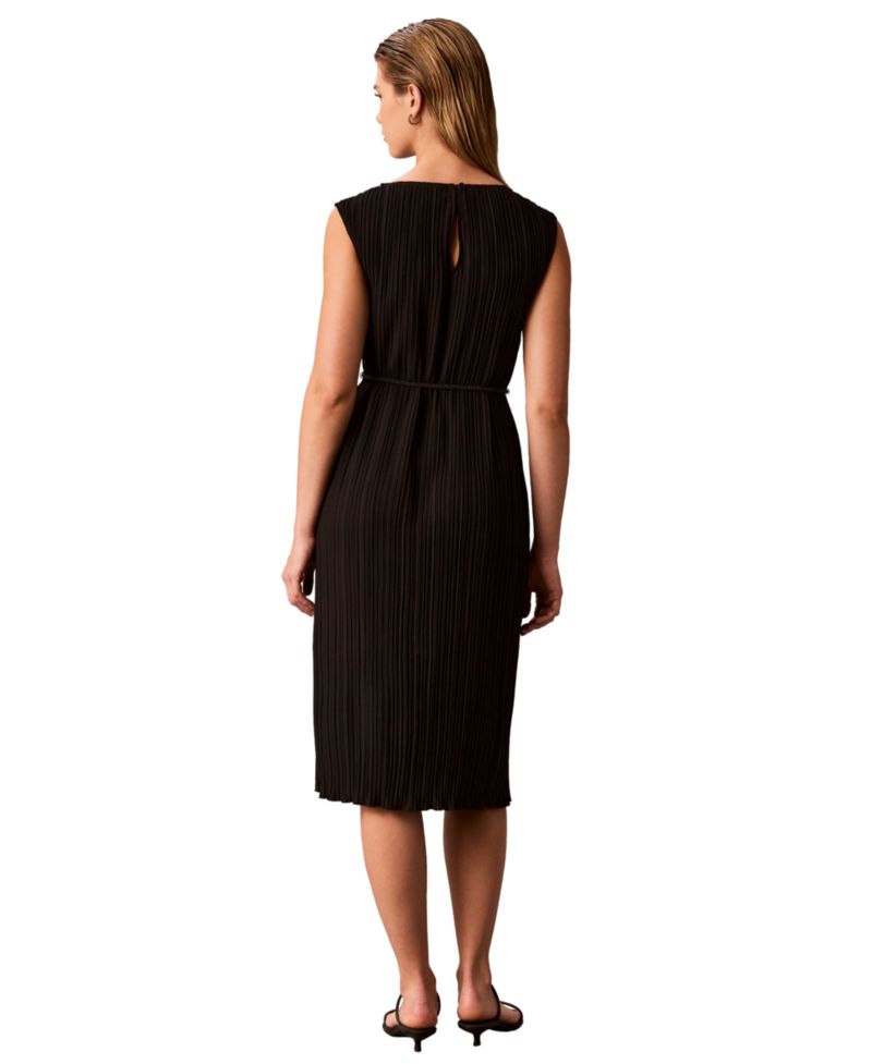 Women's Belted Pleated Boat Neck Midi Dress