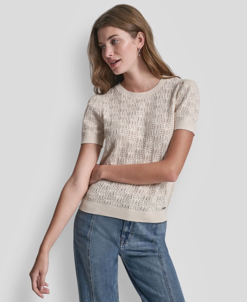 Women's Short Sleeve Crew Neck Lace Pointelle Sweater