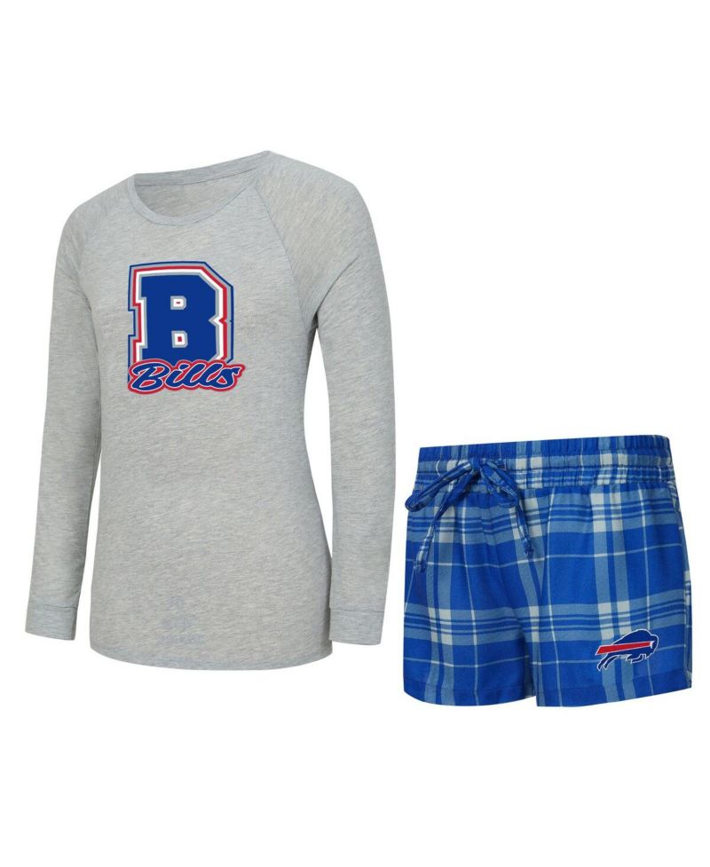 Women's 2-Piece Heather Gray/Royal Buffalo Bills Regulate Plaid Long-Sleeve T-Shirt and Shorts Sleep Set