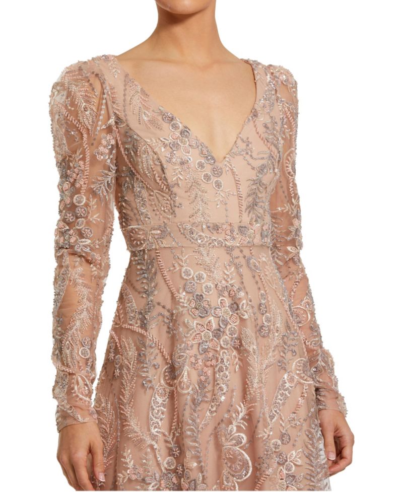 Women's Floral Embroidered V Neck Long Sleeve Gown