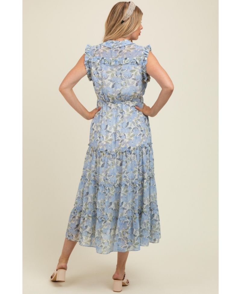 Women's Blue Floral Print Frilled Pocketed Midi Dress