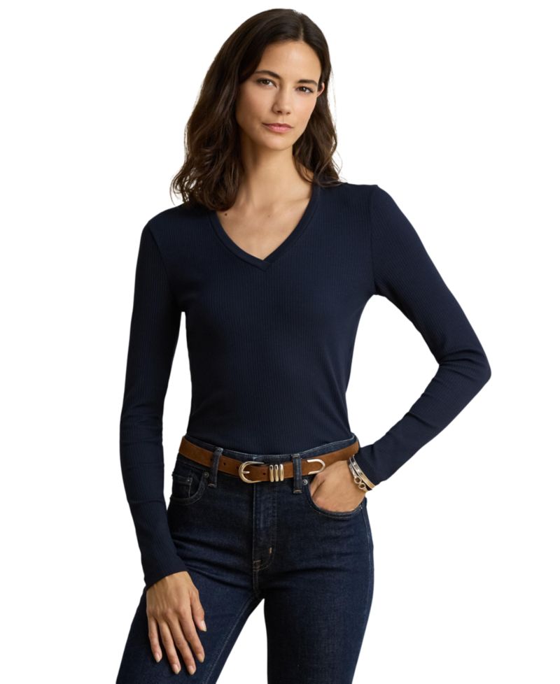 Women's Rib-Knit Long-Sleeve V-Neck Top