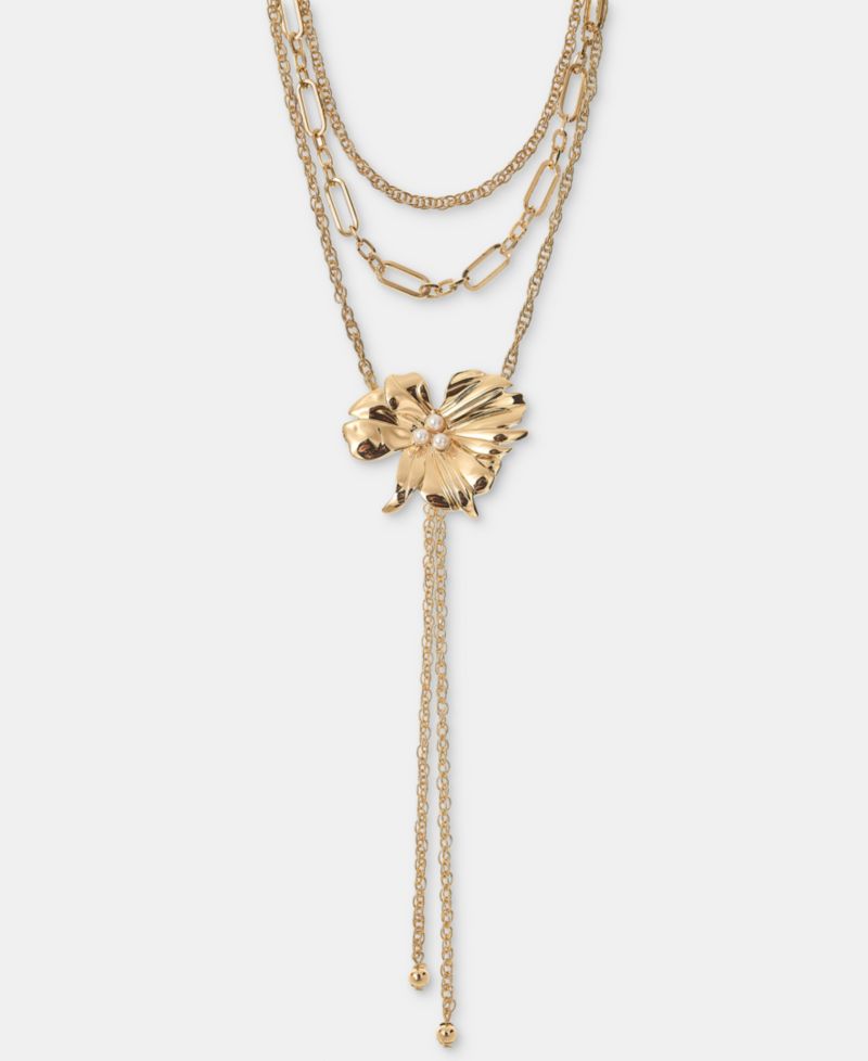 Imitation Pearl Flower Layered Lariat Necklace, 16-1/2" + 3" extender