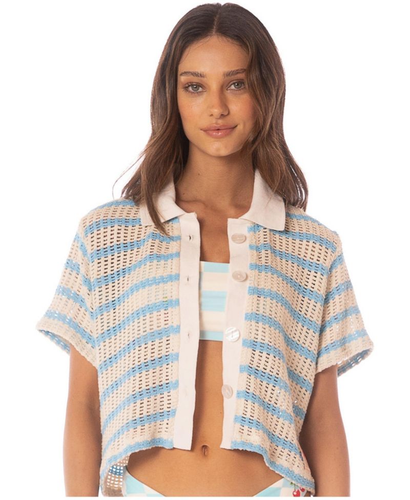 Women's Icy Stripes Wavy Collared Crop Shirt