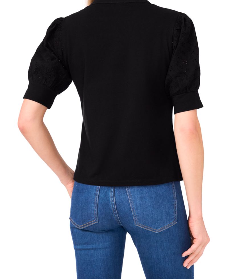 Women's Pearl Button Henley Embroidered Puff 3/4-Sleeve Cotton Top