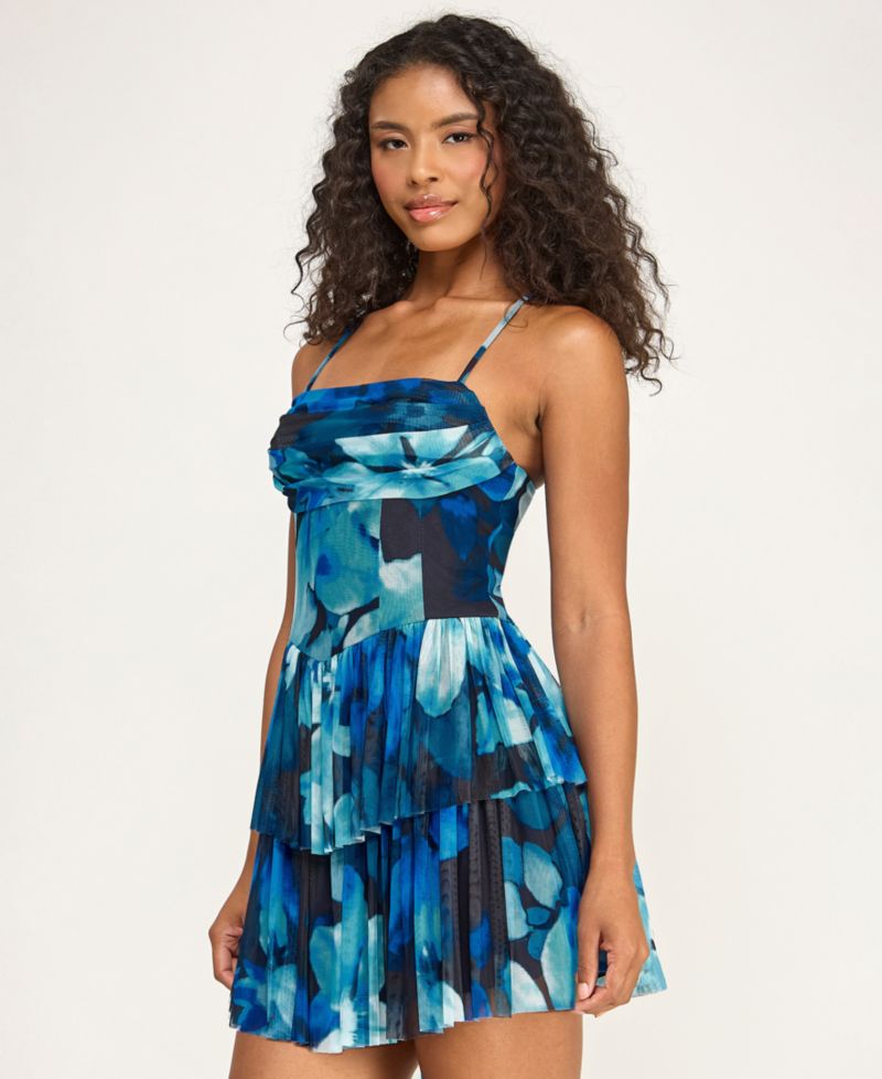 Juniors' Printed Mesh Straight Neck Tiered Mini Dress