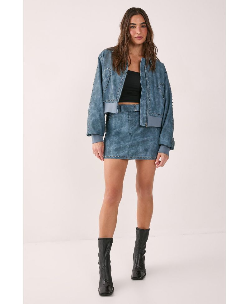 Women's Leather Studded Bomber Jacket
