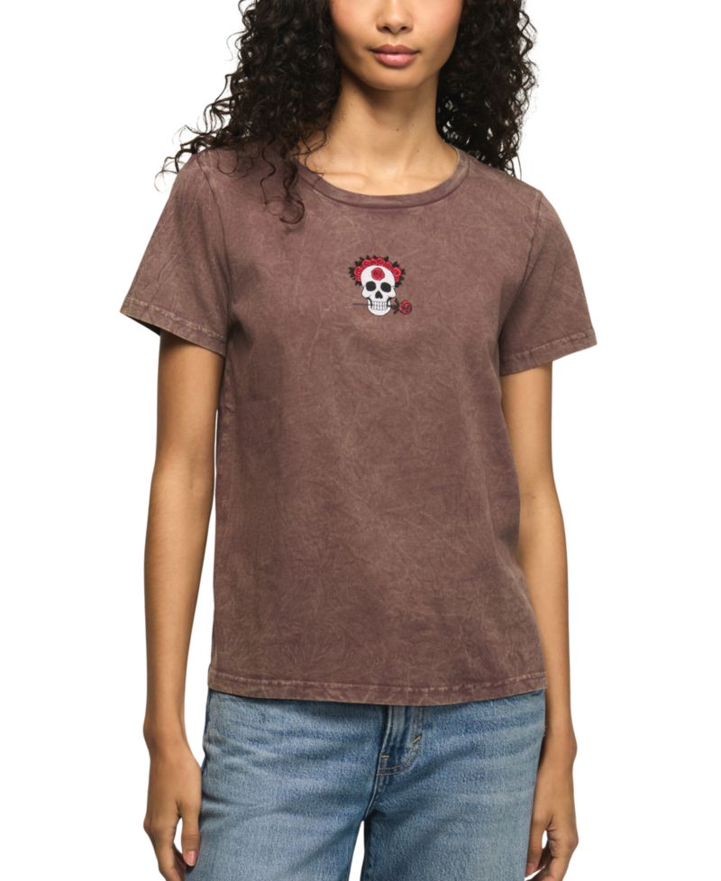 Women's Floral-Print Skull Icon Classic Crewneck T-Shirt