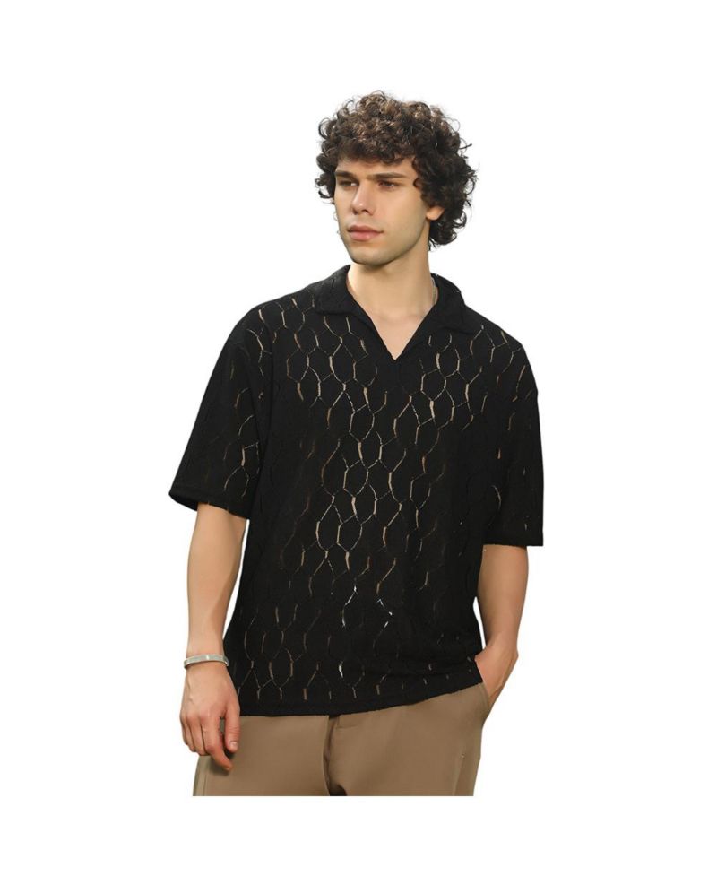 Men's Onyx Black Honeycomb-Knit Polo T-Shirt