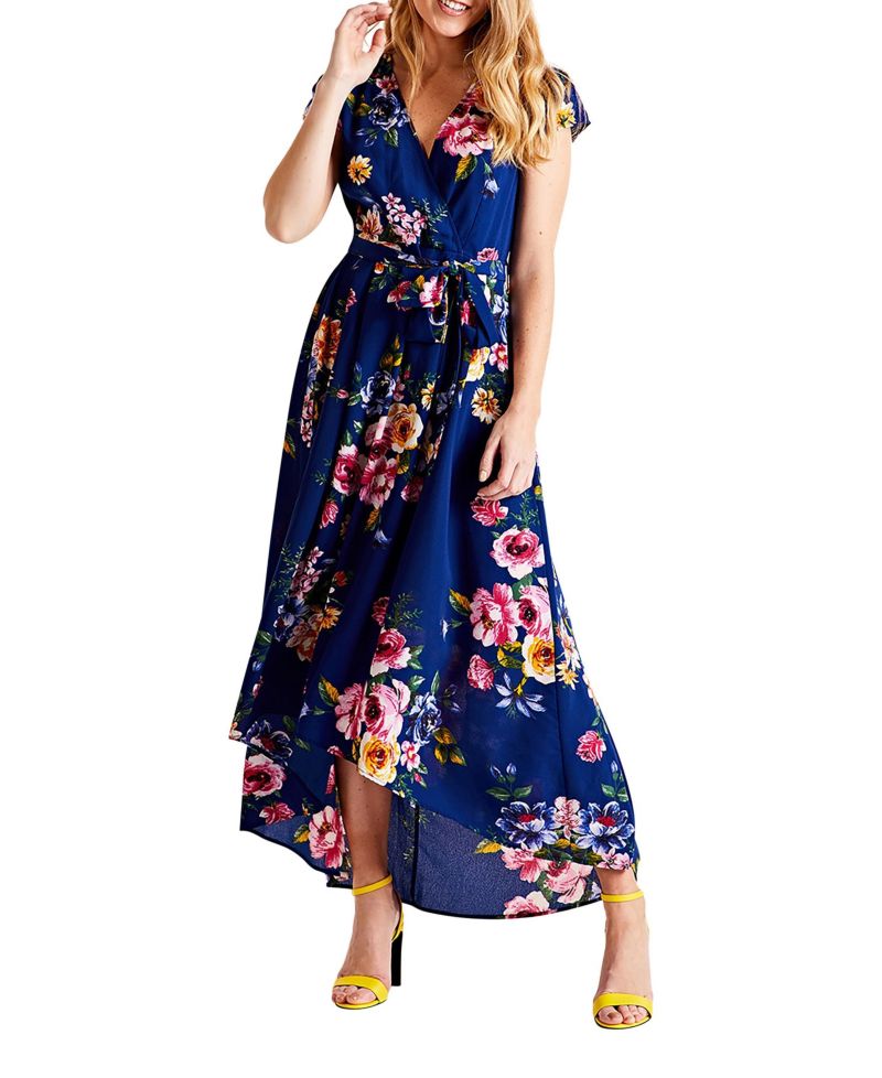 Women's Floral Print Dipped Hem Wrap Midi Dress