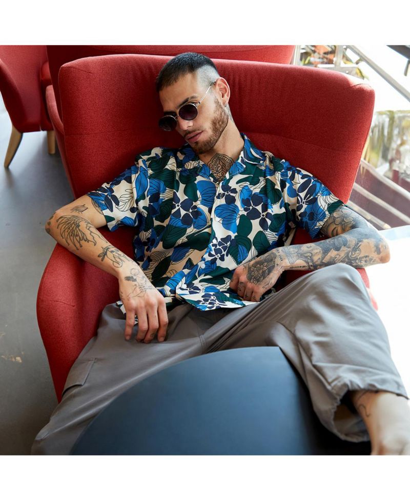 Men's Azure Blue & Forest Green Floral Abstract Shirt
