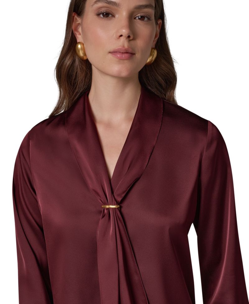 Petite Long-Sleeve V-Neck Scarf Detail Blouse