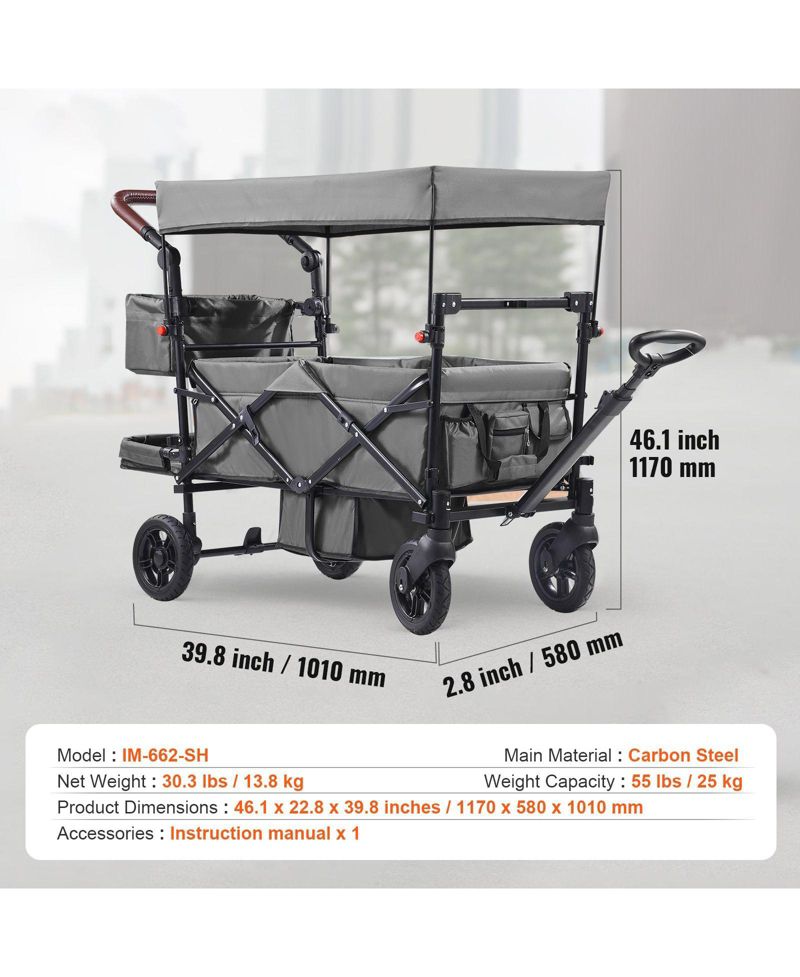 SUGFIT Wagon Stroller for 2 Kids Folding Push-Pull Stroller with Canopy Grey