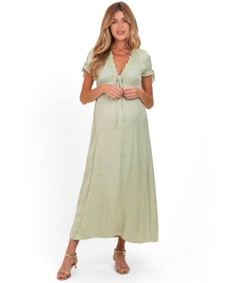 Maternity Satin Lace Detail V-Neck Short-Sleeve Maxi Dress