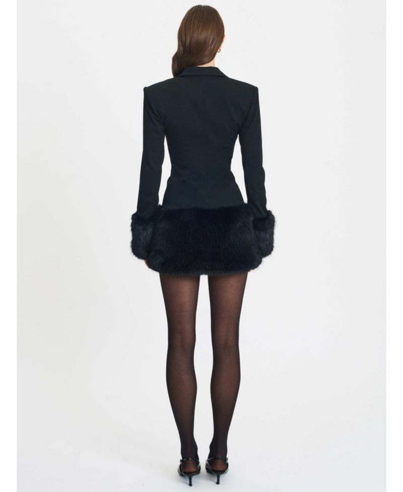Women Wenona Black Faux Fur Trimmed V-Neck Mini Blazer Dress