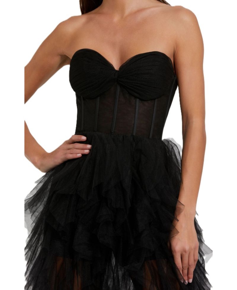 Women's Strapless Bustier Net Gown With Spiral Ruffles