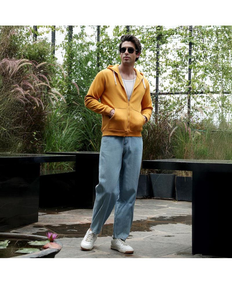 Men's Mustard Yellow Zip-Front Regular Hoodie