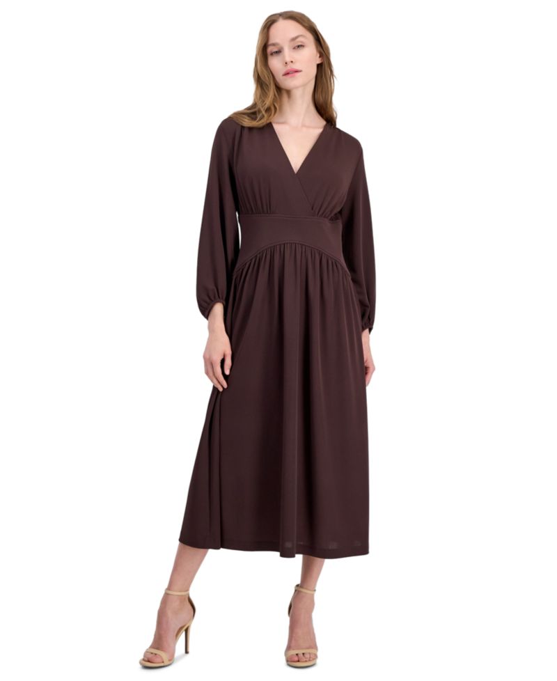 Women's V-Neck Blouson-Sleeve Midi Dress