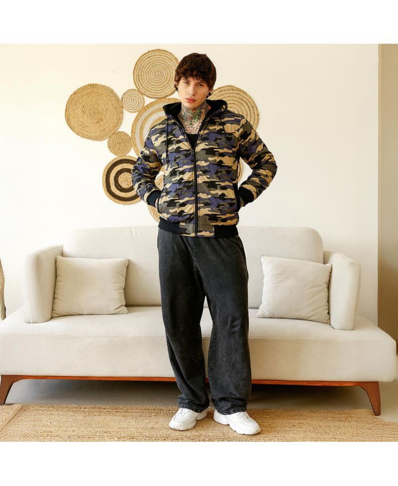 Men's Army Green & Khaki Beige Camouflage Fleece-Lined Jacket