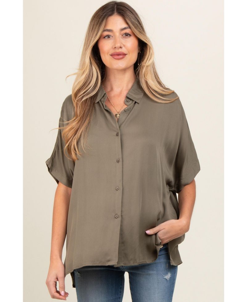 Women's Taupe Dolman Sleeve Button Down Blouse