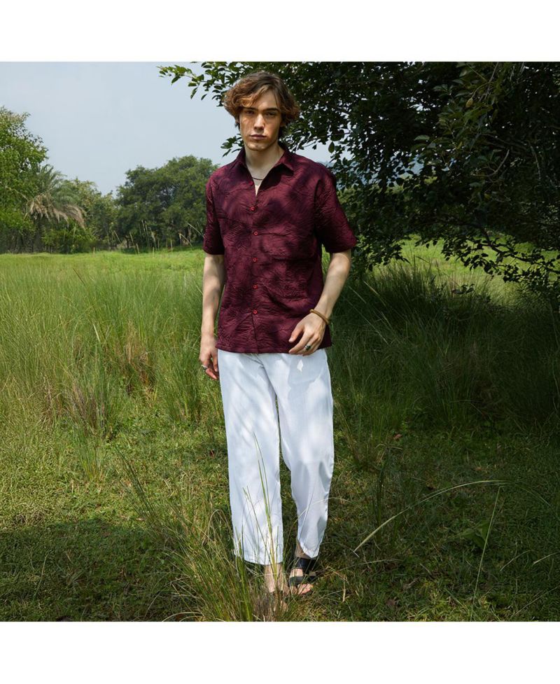 Men's Wine Red Foliage-Tactile Shirt