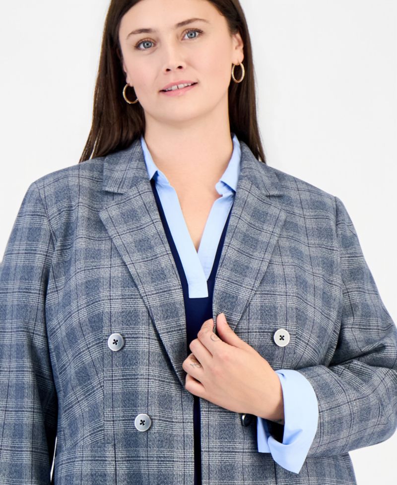 Plus Size Faux Double-Breasted Plaid Patch-Pocket Blazer