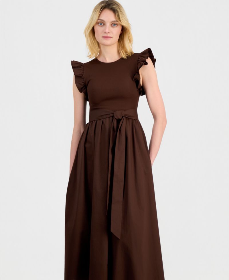 Women's Mixed Knit Woven Midi Dress
