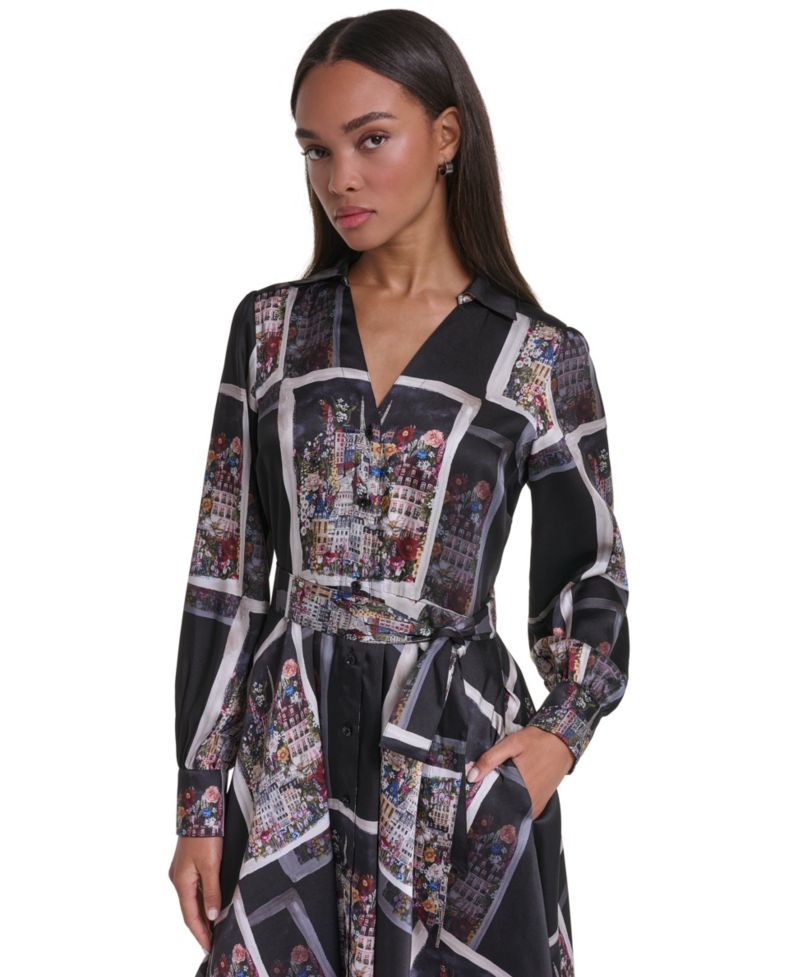 Women's Long-Sleeve Printed Hanky-Hem Dress
