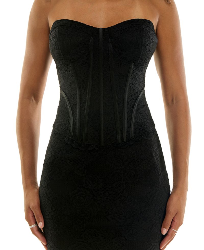 Juniors' Strapless Sweetheart Neck Lace Corset Midi Dress