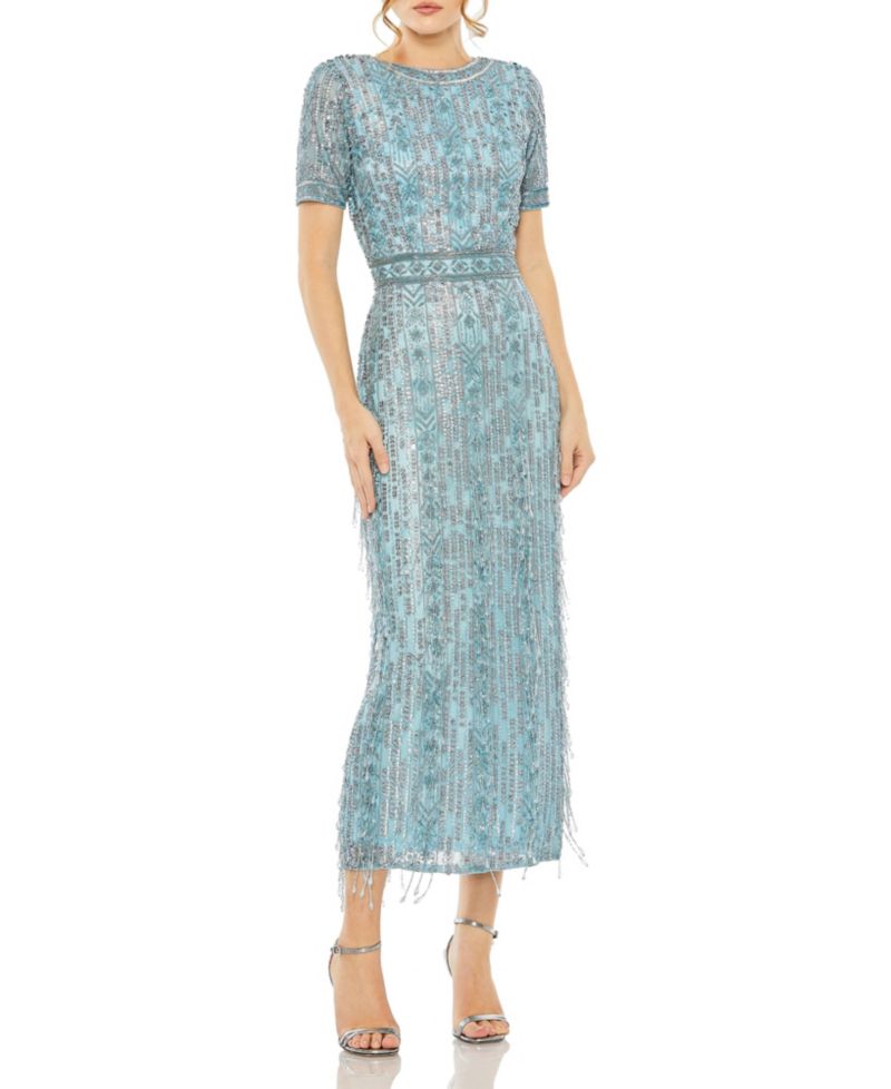 Women's High Neck Short Sleeve Crystal Fringe Column Dress