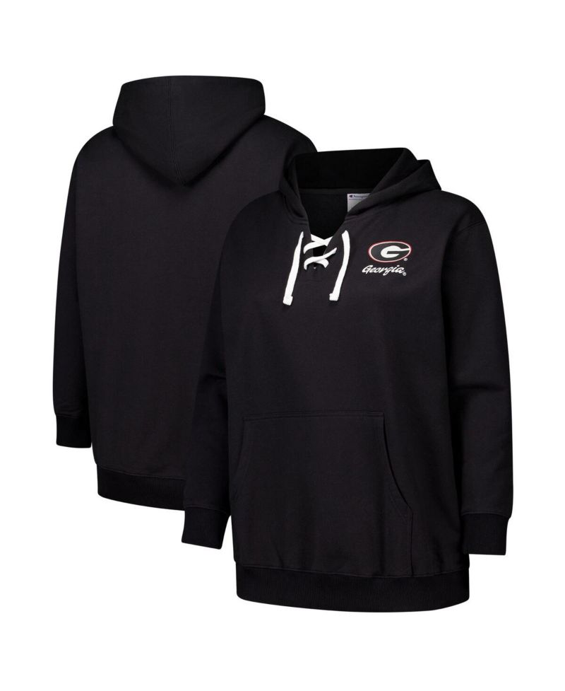 Women's Black Georgia Bulldogs Plus Size Scrip Lace-Up V-Neck Hoodie