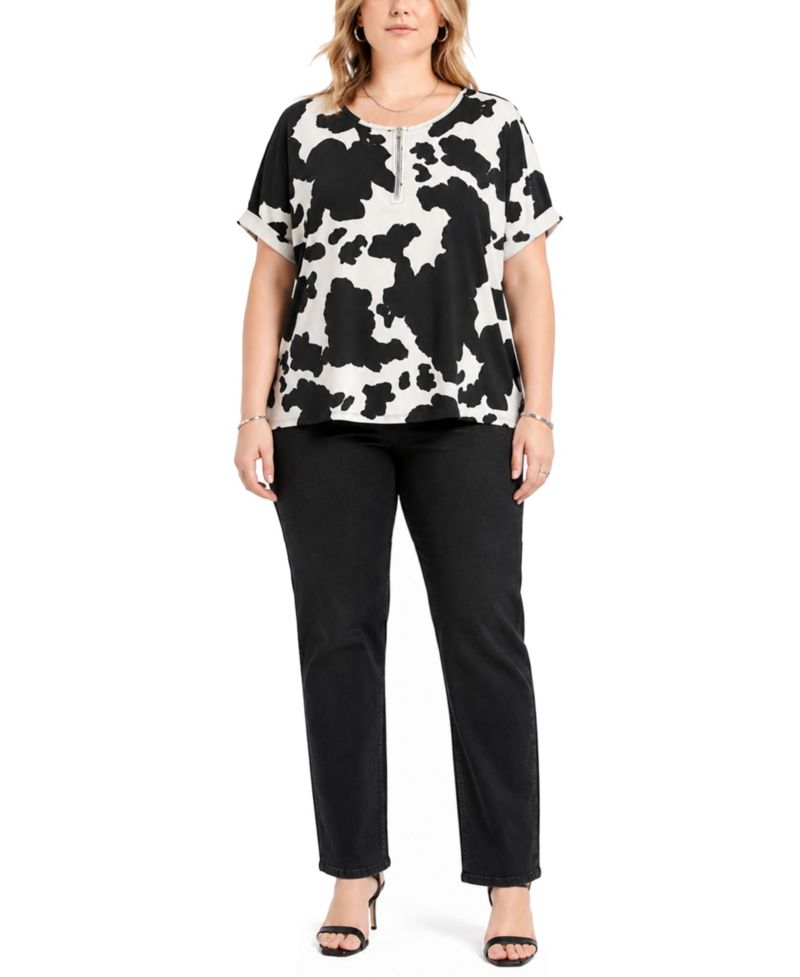 Plus Size Cow Print Dolman Rolled Short-Sleeve 1/2 Zip Top