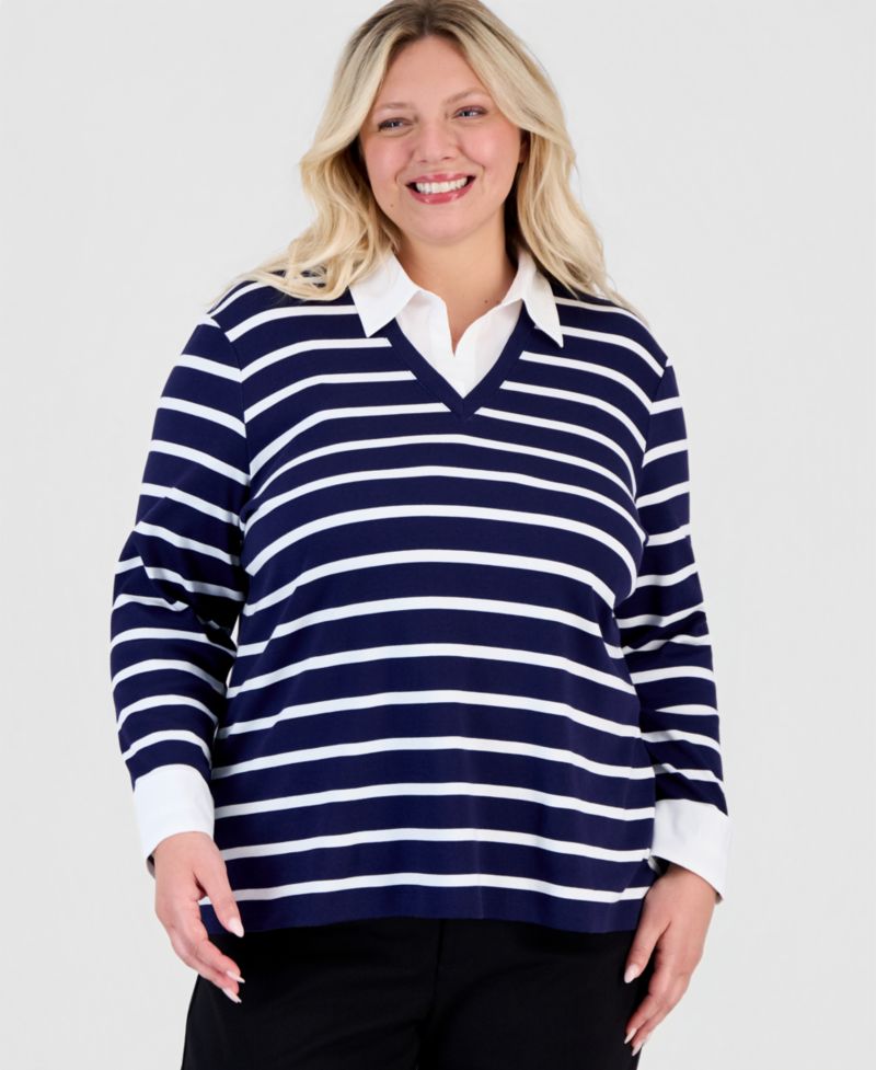 Petite Long-Sleeve Striped V-Neck T-Shirt