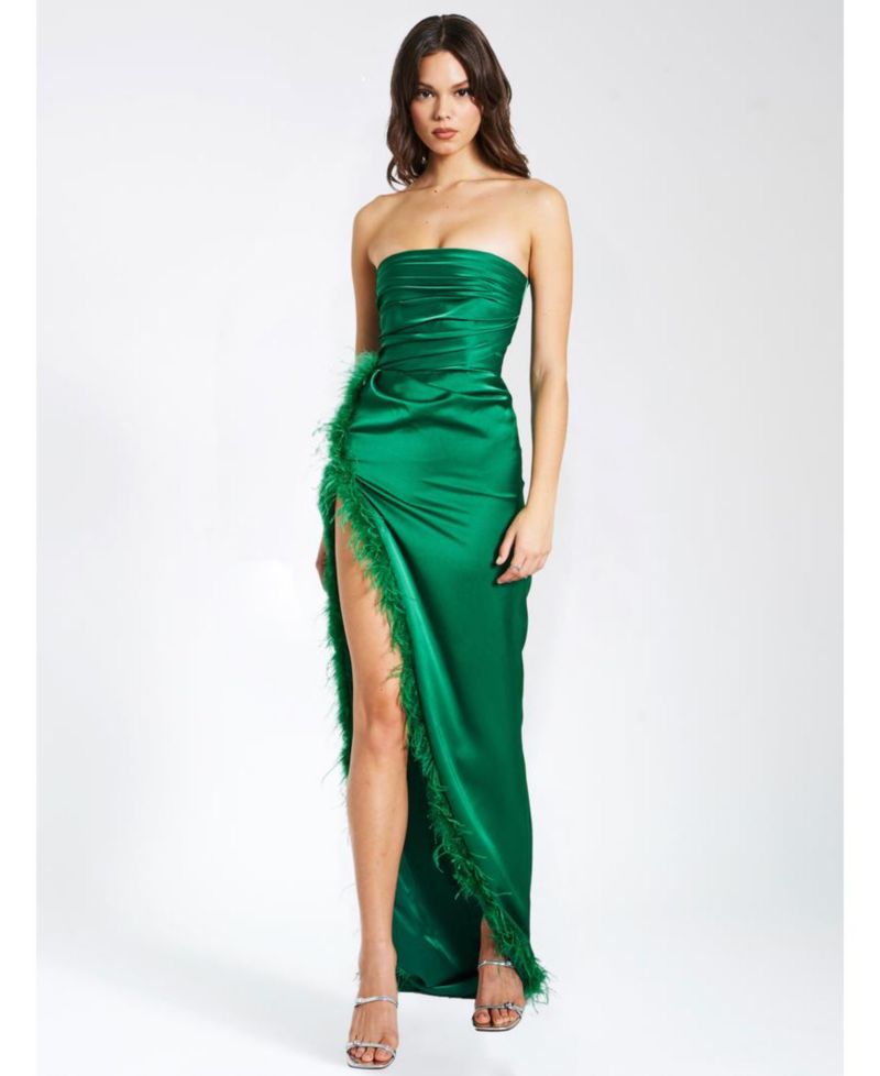 Women's Perrin Emerald Green Feather Dress High Slit Gown
