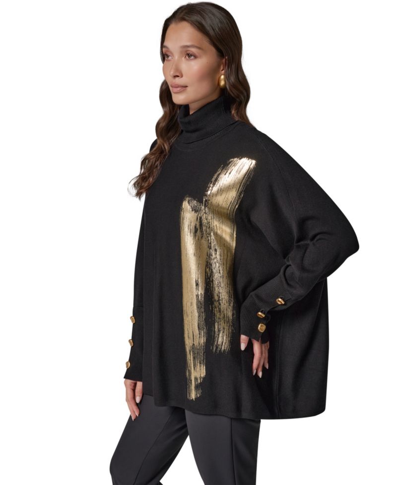 Petite Oversized Metallic Paint-Print Turtleneck Sweater