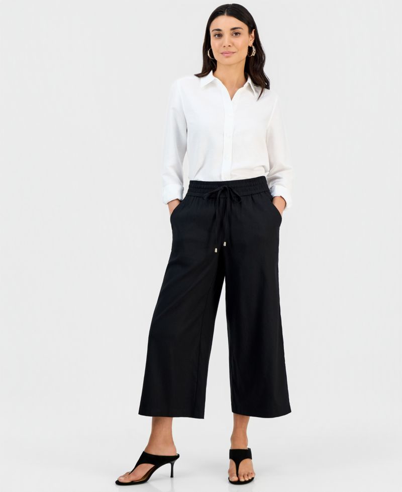 Petite Cropped Linen Wide-Leg Pants